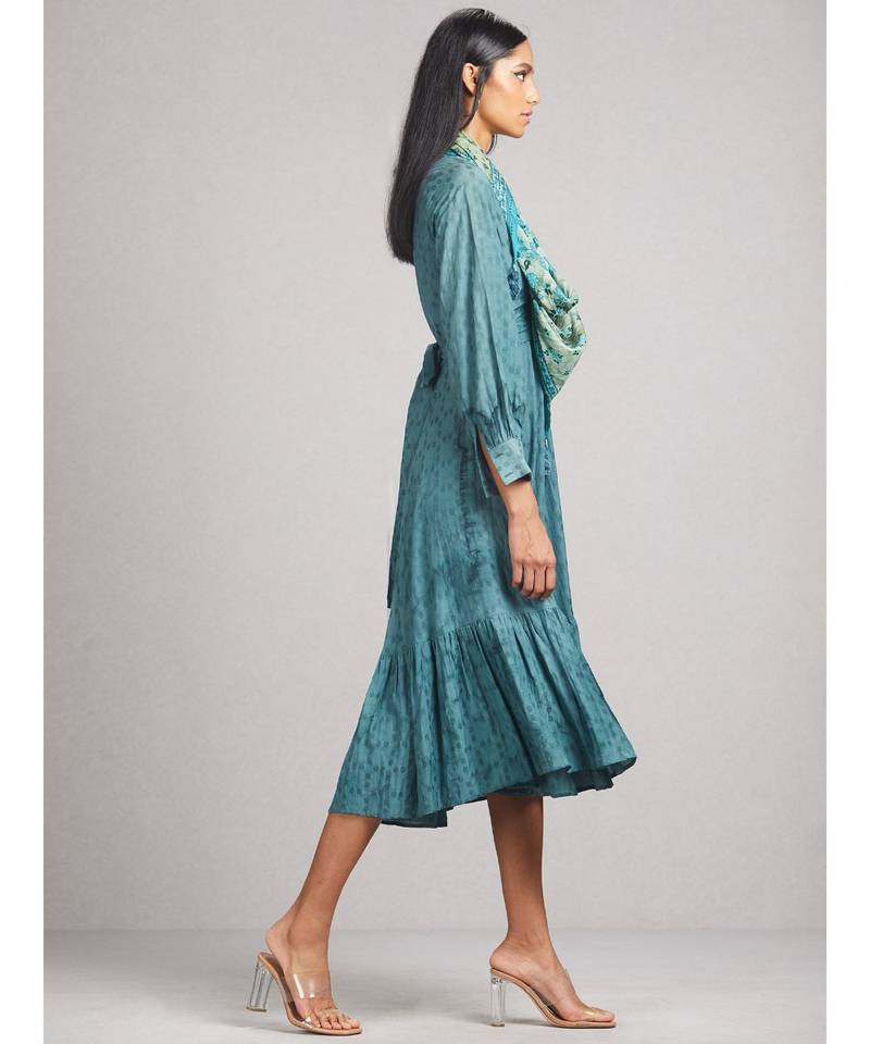 Teal Blue Anarkali Kurta Dress With Scarf