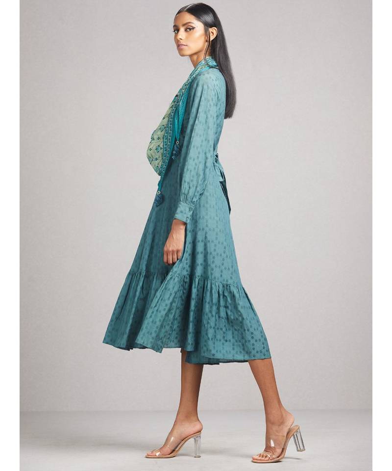 Teal Blue Anarkali Kurta Dress With Scarf