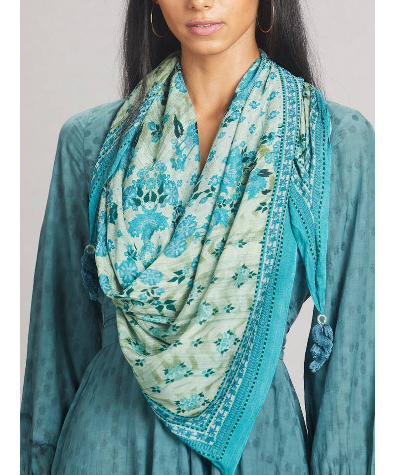 Teal Blue Anarkali Kurta Dress With Scarf