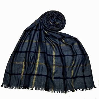 Stole for Women - Designer Cotton Golden Striped Stole -Blue 2