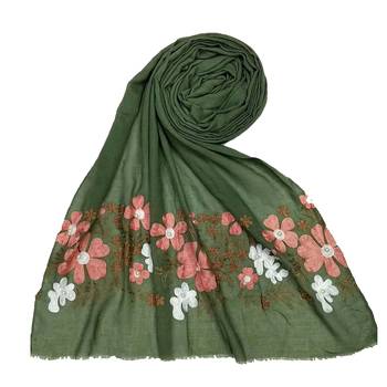 Stole for Women - Designer Flower Cotton Stole -Green 1