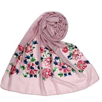 Stole For Women - Fabric - Cotton - Diamond Studed Designer Emboidered Flower Hijab - Purple 1