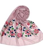 Stole For Women - Fabric - Cotton - Diamond Studed Designer Emboidered Flower Hijab - Purple