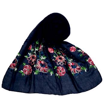 Stole For Women - Fabric - Cotton - Diamond Studed Designer Emboidered Flower Hijab - Blue 1
