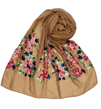 Stole For Women - Fabric - Cotton - Diamond Studed Designer Emboidered Flower Hijab - Brown 1