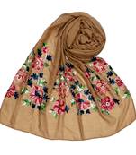 Stole For Women - Fabric - Cotton - Diamond Studed Designer Emboidered Flower Hijab - Brown