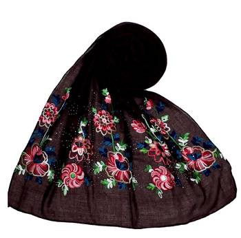 Stole For Women - Fabric - Cotton - Diamond Studed Designer Emboidered Flower Hijab - Brown 1