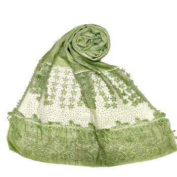 Stole For Women - Premium Cotton Designer Diamond Studed Hijab With Fringe's and Flower - Green 1