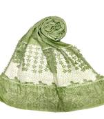 Stole For Women - Premium Cotton Designer Diamond Studed Hijab With Fringe's and Flower - Green