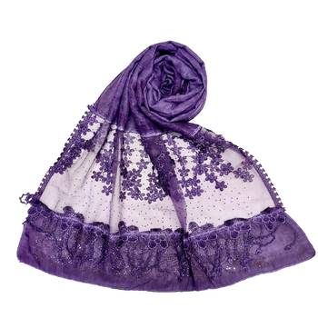 Stole For Women - Premium Cotton Designer Diamond Studed Hijab With Fringe's and Flower - Purple 1
