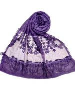 Stole For Women - Premium Cotton Designer Diamond Studed Hijab With Fringe's and Flower - Purple