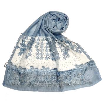 Stole For Women - Premium Cotton Designer Diamond Studed Hijab With Fringe's and Flower - Blue 1