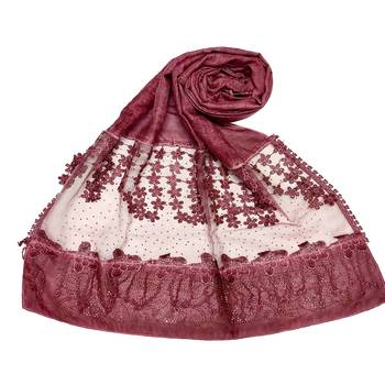 Stole For Women - Premium Cotton Designer Diamond Studed Hijab With Fringe's and Flower - Maroon 1