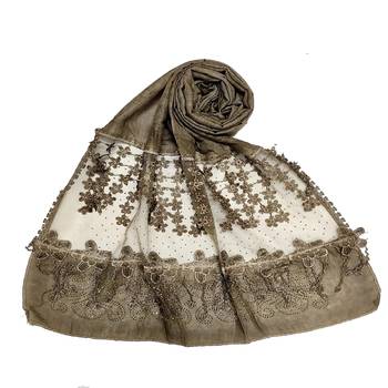 Stole For Women - Premium Cotton Designer Diamond Studed Hijab With Fringe's and Flower - Brown 1