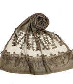 Stole For Women - Premium Cotton Designer Diamond Studed Hijab With Fringe's and Flower - Brown