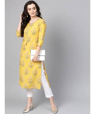 Varanga Women Yellow & Green Floral Print Straight Kurta 3