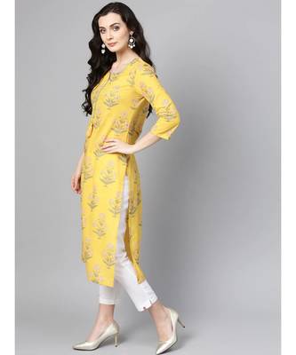 Varanga Women Yellow & Green Floral Print Straight Kurta 1