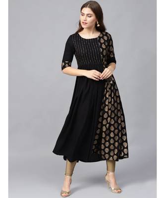 Varanga Women Black & Golden Printed A-Line Kurta 2