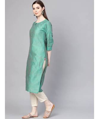 Varanga Women Green Silk Woven Design Straight Kurta 4