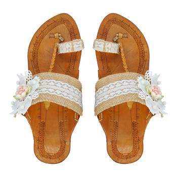 Jute with White Flower Embellished Kolhapuri Chappal For Women & Girls 1