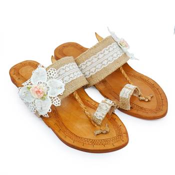 Jute with White Flower Embellished Kolhapuri Chappal For Women & Girls 2