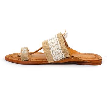 Jute with White Flower Embellished Kolhapuri Chappal For Women & Girls 4