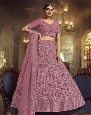 Engaging Pink Dori Embroidered Net Fabric Semi Stitched Bridal Lehenga 1