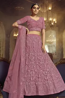 Pink embroidered net Semi Stitched bridal lehenga