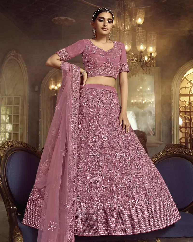 Pink embroidered net Semi Stitched bridal lehenga