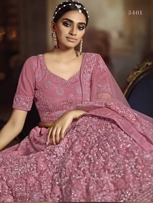 Engaging Pink Dori Embroidered Net Fabric Semi Stitched Bridal Lehenga 2