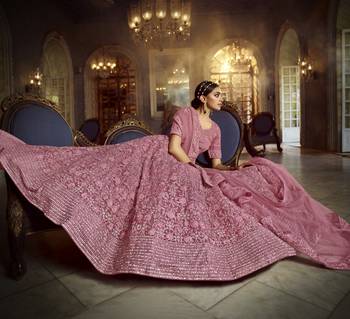 Engaging Pink Dori Embroidered Net Fabric Semi Stitched Bridal Lehenga 3