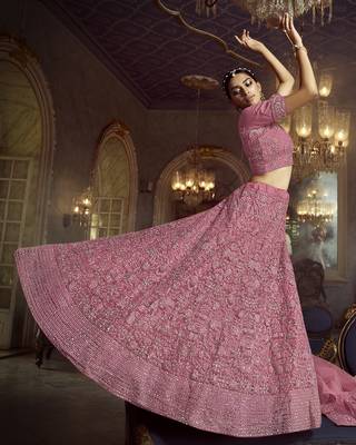 Engaging Pink Dori Embroidered Net Fabric Semi Stitched Bridal Lehenga 4