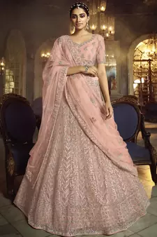 Peach embroidered net Semi Stitched bridal lehenga