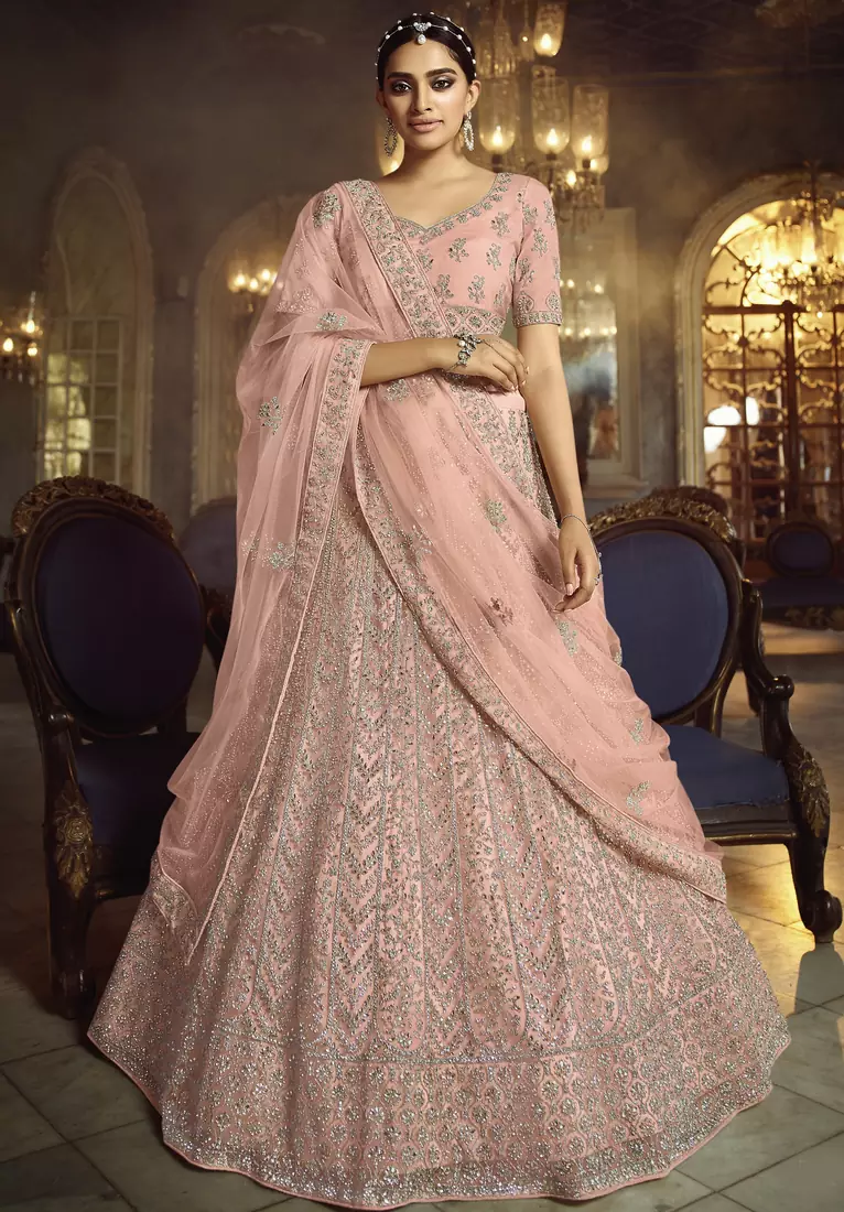 Peach embroidered net Semi Stitched bridal lehenga