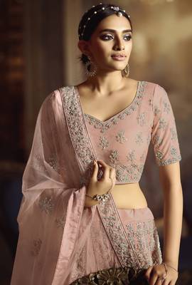 Dazzling Peach Dori Embroidered Net Fabric Semi Stitched Wedding Lehenga 2