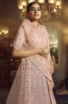 Dazzling Peach Dori Embroidered Net Fabric Semi Stitched Wedding Lehenga 3