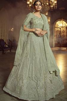 Green embroidered net Semi Stitched bridal lehenga