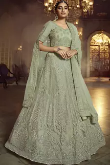 Green embroidered net Semi Stitched bridal lehenga