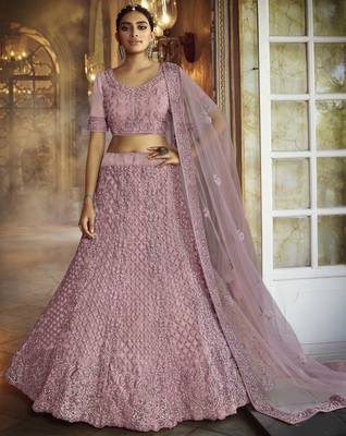 Seductive Pink dori Dori Embroidered Net Fabric Semi Stitched Designer Lehenga 1