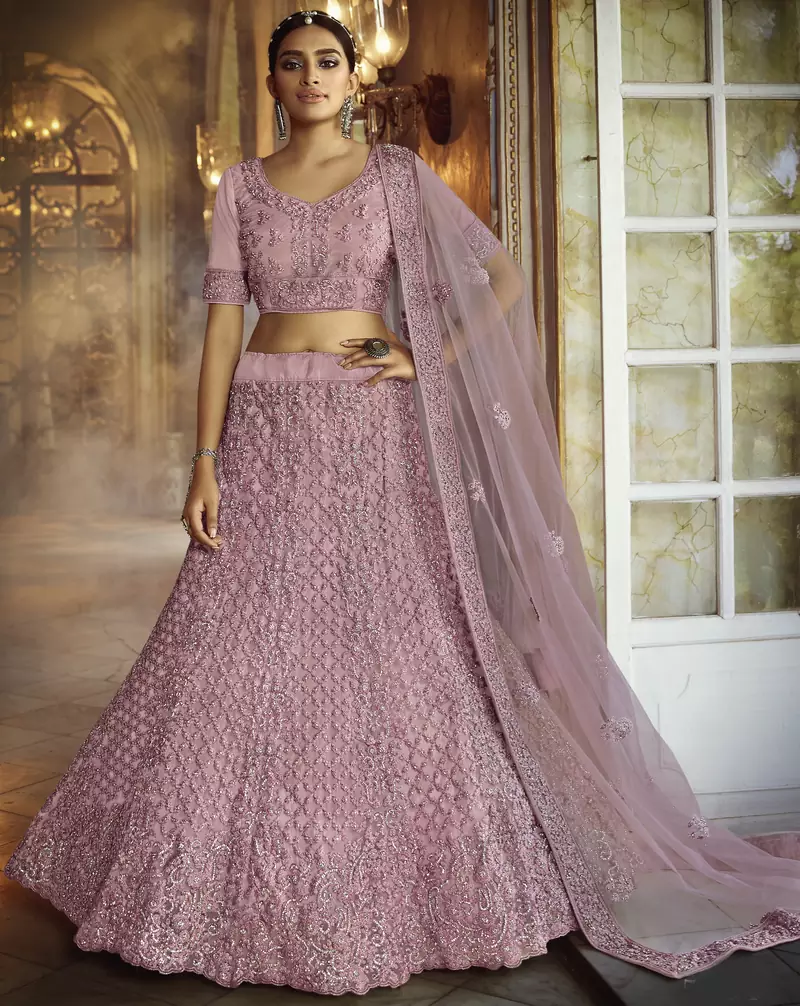 Pink dori embroidered net Semi Stitched bridal lehenga