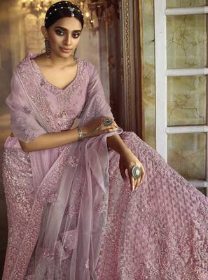 Seductive Pink dori Dori Embroidered Net Fabric Semi Stitched Designer Lehenga 2