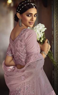 Seductive Pink dori Dori Embroidered Net Fabric Semi Stitched Designer Lehenga 3