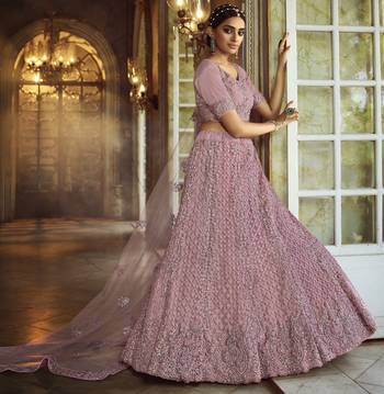 Seductive Pink dori Dori Embroidered Net Fabric Semi Stitched Designer Lehenga 4