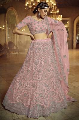 Delightfully Pink Dori Embroidered Net Fabric Semi Stitched Ceremonial Lehenga 1