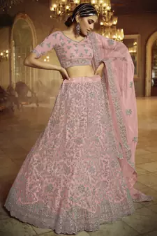 Pink embroidered net Semi Stitched bridal lehenga