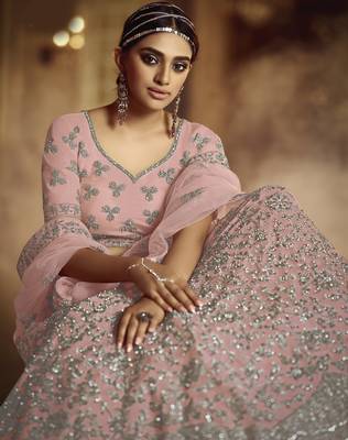 Delightfully Pink Dori Embroidered Net Fabric Semi Stitched Ceremonial Lehenga 2