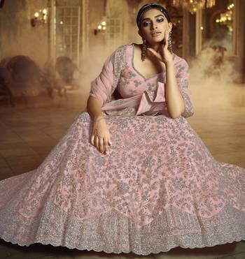 Delightfully Pink Dori Embroidered Net Fabric Semi Stitched Ceremonial Lehenga 3