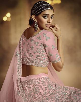 Delightfully Pink Dori Embroidered Net Fabric Semi Stitched Ceremonial Lehenga 4