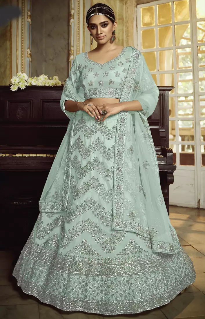 Sky-blue dori embroidered net Semi Stitched bridal lehenga