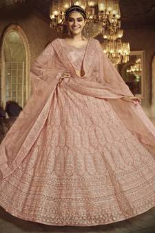 Peach dori embroidered net Semi Stitched bridal lehenga